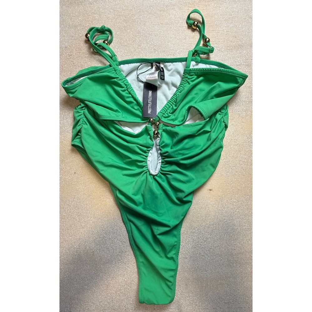 PrettyLittleThing Green Bead Detail Ruched Cut Out Swimsuit Plus Size 14-2378